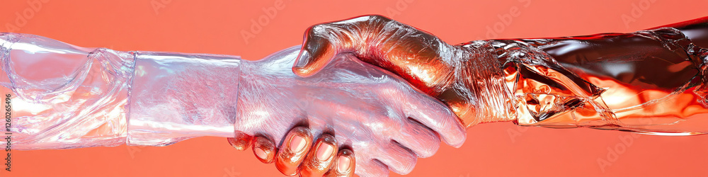 Poster digital render of translucent and metallic hands in handshake