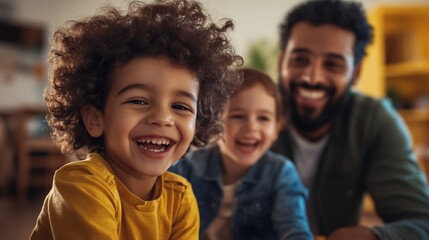 Happy children and teacher, preschool classroom, joyful learning