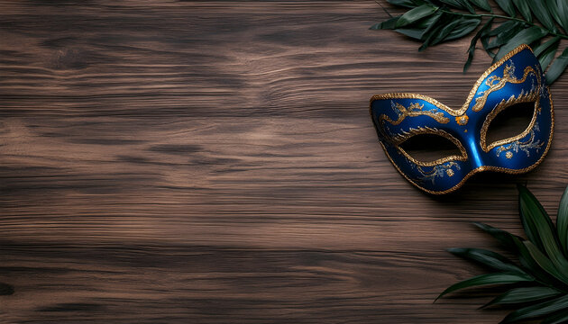 Blue venetian mask with plant on wood background for masquerade party invitation