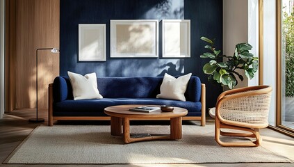 Modern Living Room Design: Blue Sofa, Wooden Chair, and Natural Rug Enhance Calm Atmosphere