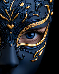 Closeup of a woman's face with a detailed ornate mask