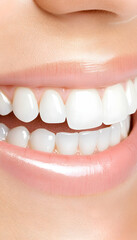 Fototapeta premium Close-up of a smiling mouth with perfect white teeth; teeth whitening ads
