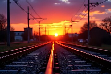Obraz premium Sunset over train tracks, vibrant colors, travel, journey