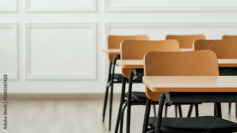 Poster school concept, neatly arranged empty desks and chairs in modern classroom setting with minimalist d
