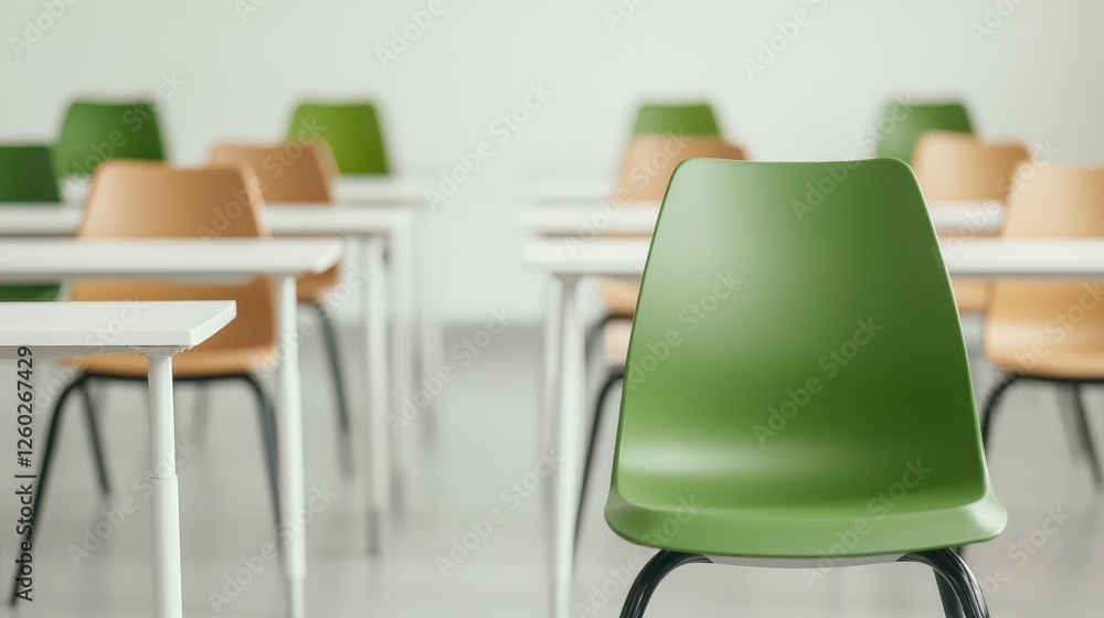 Poster school concept, rows of neatly arranged empty desks and chairs in a modern classroom setting