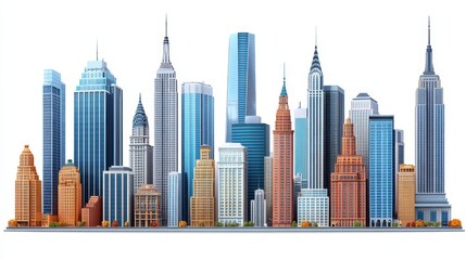 Naklejka premium Modern city buildings with contemporary architecture, isolated on a white background, symbolizing urban development, real estate, and infrastructure.