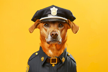 A serious-looking dog dressed in a police uniform, standing against a bright yellow background.