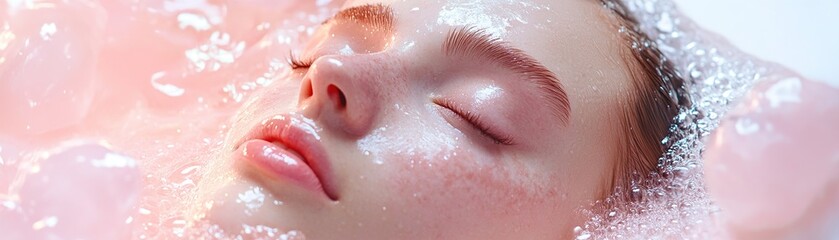 Fototapeta premium A serene and ethereal representation captures a woman's face partially submerged in luminescent liquid, radiating tranquility and the essence of hydration and nourishment