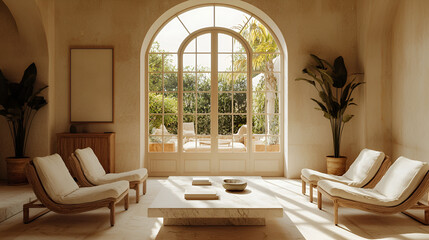 Sunlit living room with cream textured walls, wicker lounge chairs, stone table, and arched glass doors to lush greenery.