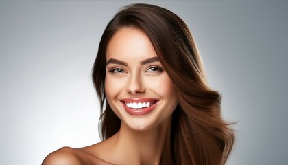 Naklejka premium 白く整った美しい歯並びの白人女性の顔のクローズアップ。白い背景。AIで生成 