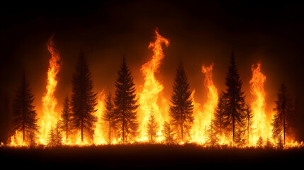 Forest fire raging, trees ablaze, background dark, possibly related to disaster events