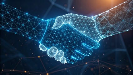 technology-inspired handshake made of interconnected nodes and lines
