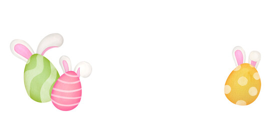 happy Easter card. Watercolor easter eggs with rabbits ears illustration, border frame with copy space. Party invitation, cute greeting card. Spring decoration