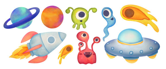 aliens, rocket, ufo, flying saucer, planets, spaceship, unidentified flying object illustration isolated on white transparent background, extraterrestrial technologies, civilizations, clip art cut out © Kisandaya