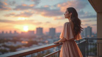 Girl standing on a balcony, looking at the city at sunset, symbolizing contemplation, dreams, and new opportunities
