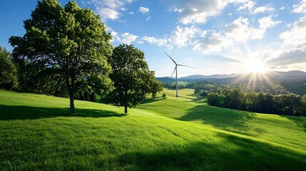 Obraz premium Bright Sunny Day with Wind Turbines on Green Rolling Hills