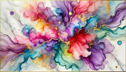 Vibrant alcohol ink background with fluid, abstract patterns in bright, vivid colors. The dynamic flow of ink creates organic shapes and smooth gradients, perfect for modern design projects.