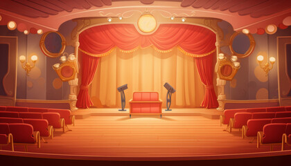 Multicolored illustration with bright colors of empty well lit show stage in cartoon style.