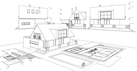 traditional residential architecture house sketch 3d illustration
