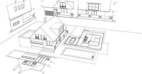 traditional residential architecture house sketch 3d illustration