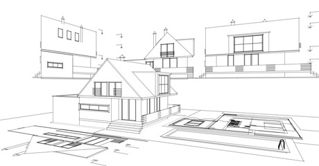 Fototapeta premium traditional residential architecture house sketch 3d illustration