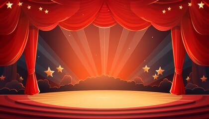 Multicolored illustration with bright colors of empty well lit show stage in cartoon style.