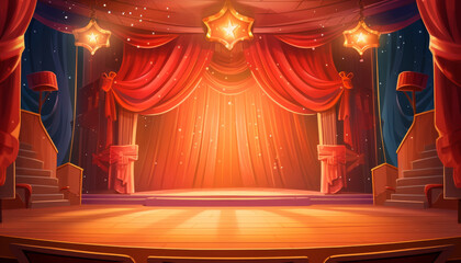 Multicolored illustration with bright colors of empty well lit show stage in cartoon style.