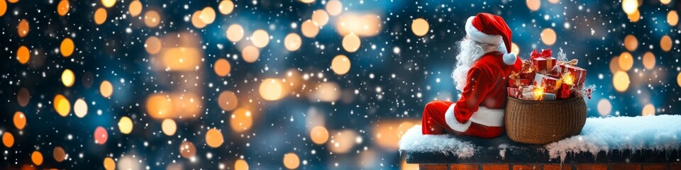 Santa Claus on snowy rooftop with gifts, bokeh lights and falling snow effect at night.