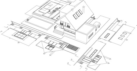 traditional residential architecture house sketch 3d illustration