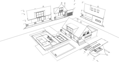 traditional residential architecture house sketch 3d illustration