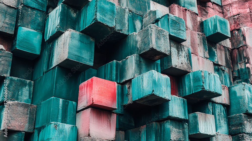 Poster dynamic abstract cube art installation urban setting photography colorful environment close-up view 