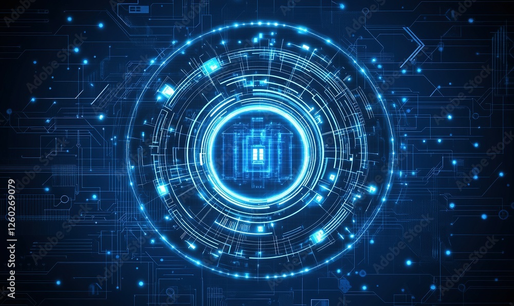 Poster glowing digital lock with circuitry background for cybersecurity