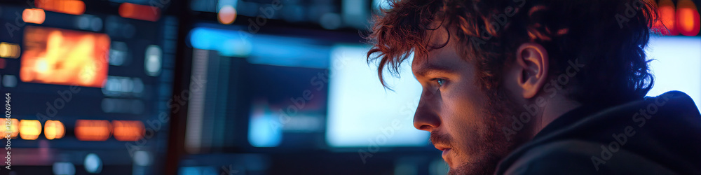 Poster young man viewing computer screens with data displays