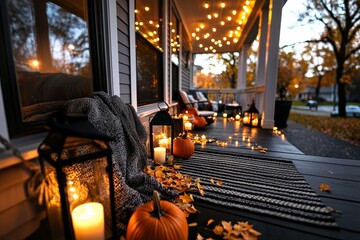 Naklejka premium A cozy autumn porch with pumpkins, blankets, and glowing lanterns,