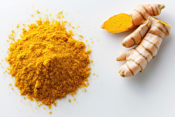 Fresh turmeric root with ground turmeric powder on a white background. isolated on white background.