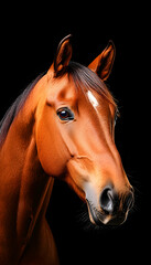 Fototapeta premium Horse portrait on black for equine themes, show, farm, vet, and ranch concepts