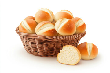 Freshly baked rolls in a basket, perfect for meals or gatherings. isolated on white background.