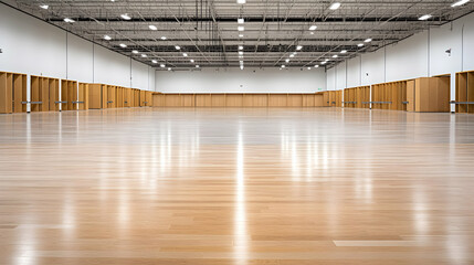 Large empty hall with shiny wooden floor, white walls, and open background for events