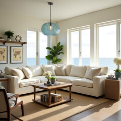 A breezy living space with light colors, natural materials, and ocean-inspired decor, perfect for a beach house