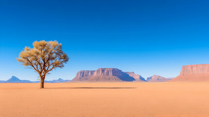 Lone tree stands in desert with mesas in background. Travel, peace concept
