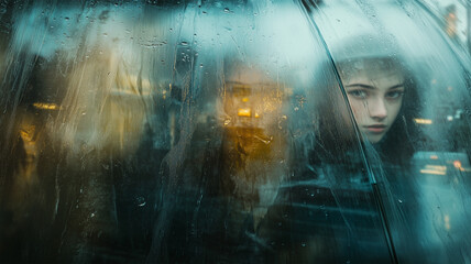 透明な傘越しに映る表情、雨が描くアートな瞬間