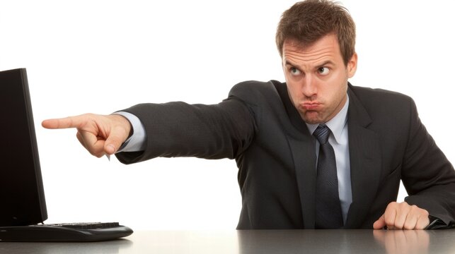 Frustrated Businessman Pointing at Computer Screen in Office Setting