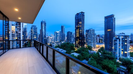 City Skyline View From Elevated Balcony At Twilight