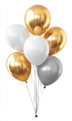 Gold, white, silver balloons isolated on white background for celebrations and party decorations