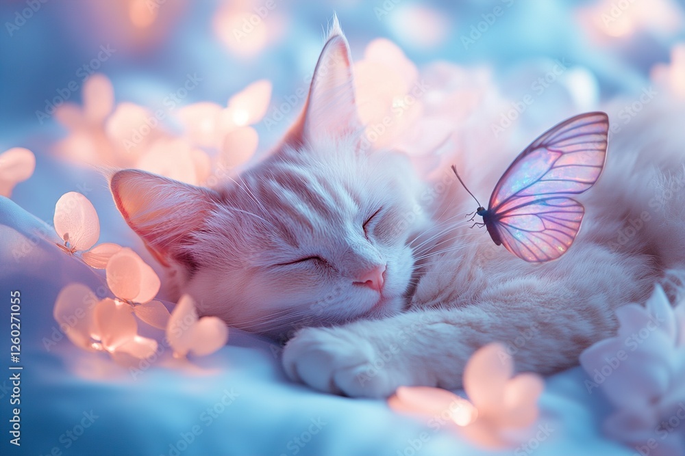 Poster a gentle cat adorned with colorful butterfly wings lies peacefully on a luminescent flower. soft pet