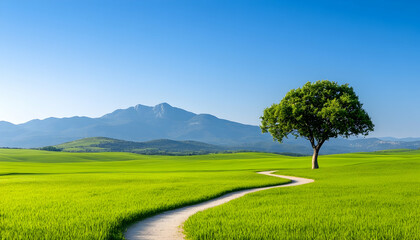 Path through green field with tree leading to mountain, perfect for inspiration