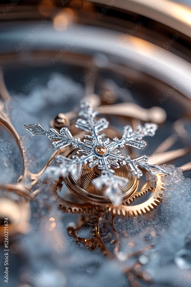 Poster a delicate snowflake rests within the intricate mechanisms of an antique timepiece. ethereal frost m