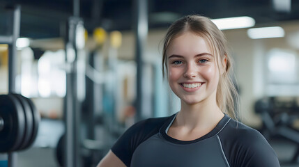 Fototapeta premium Confident and Motivated Blonde Woman Posing with Barbell and Weights at Fitness Gym Smiling and Showing Positive Energy During Intense Strength Training Workout Session
