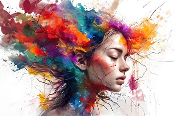 Contemplative Woman's Profile Surrounded By Abstract Color Burst, psychological-emotional and Mental health concept