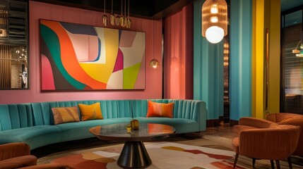 A bold and artistic retro-modern space with a pastel teal couch, abstract wall art, and warm lighting